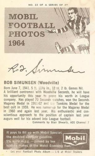 1964 Mobil Football Photos SANFL #22 Bob Simunsen Back
